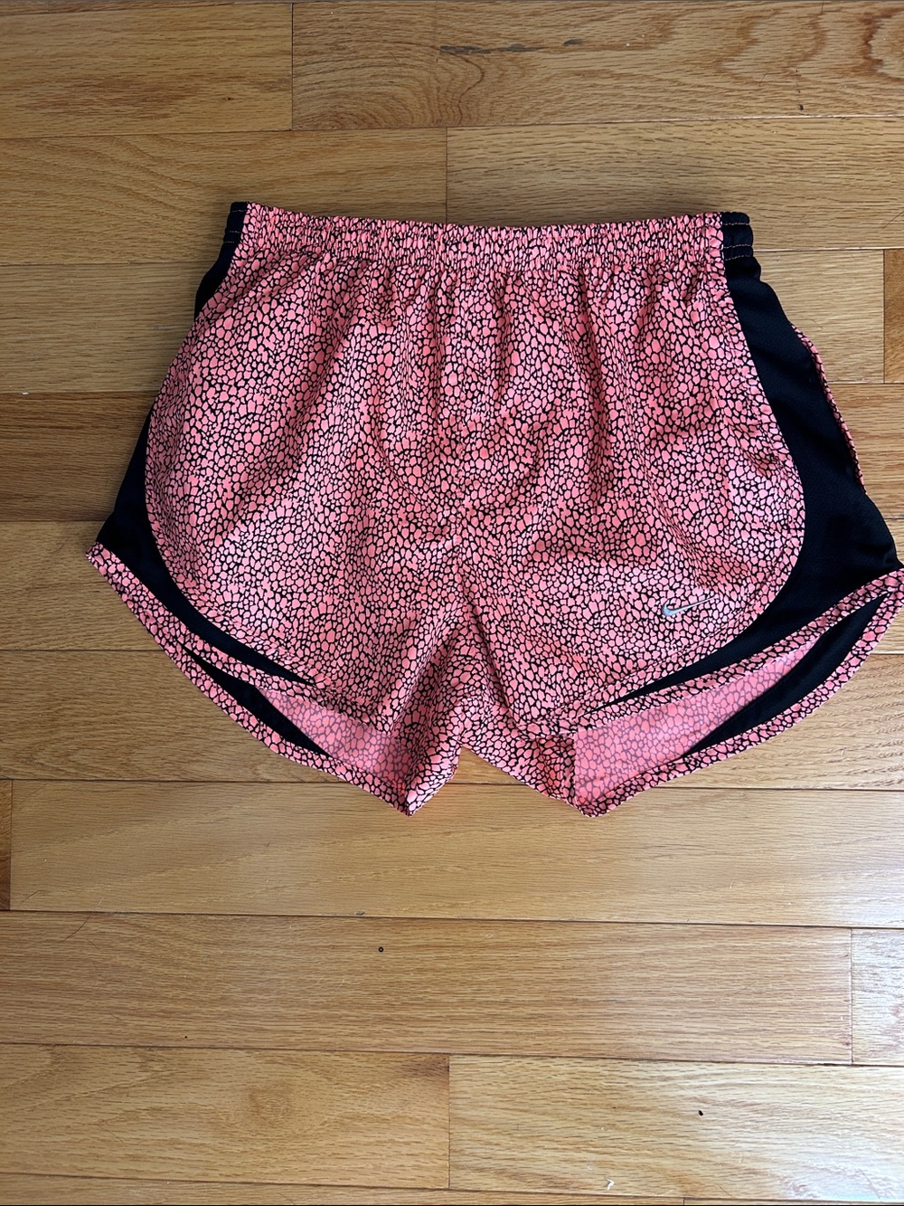 Nike Women's Coral Pink Patterned Running Shorts with Black Panels